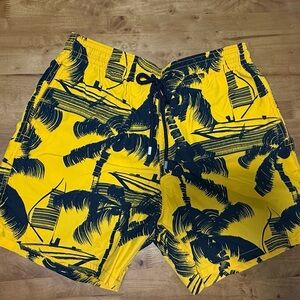 Vilebrequin Yellow and Black Palm Print Swim Shorts